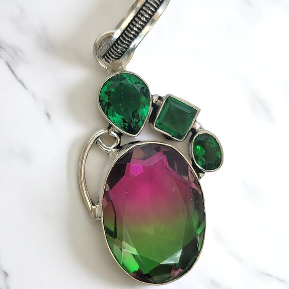 Watermelon Glass Pendant – Handmade Sterling Silver Green Pink Necklace - Picture 1 of 12